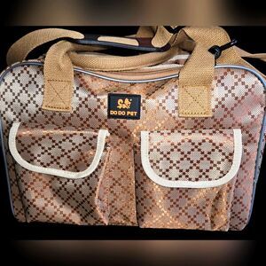 Do Do Pet, cream, and brown small pet carrier with handles and shoulder strap